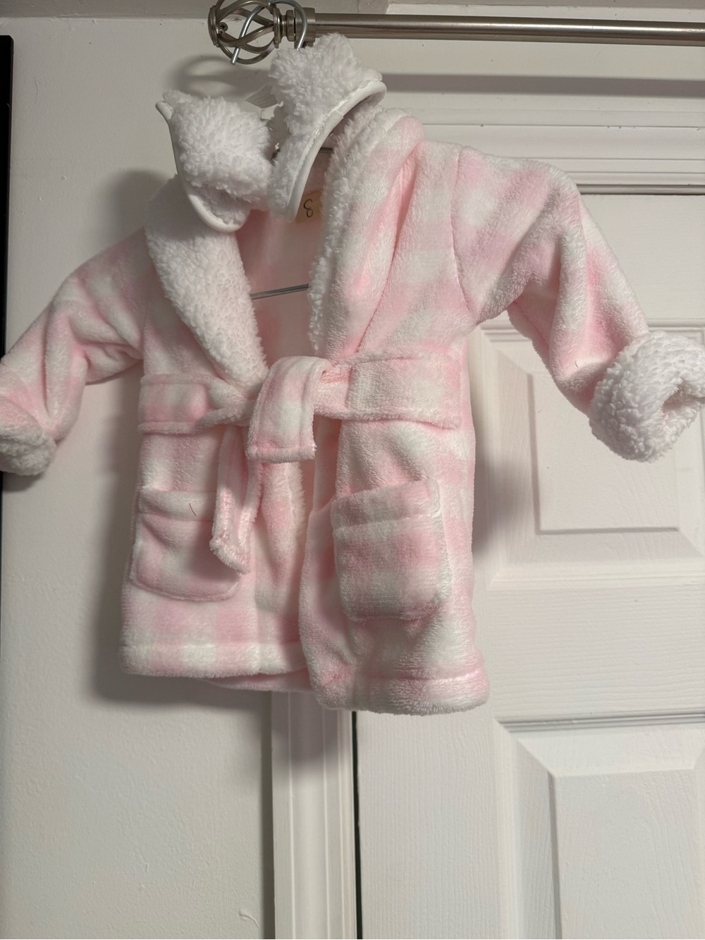 Soft Plush Pink & White Baby Robe with Hood